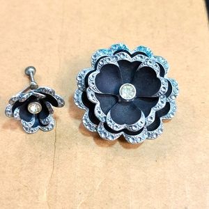 Vintage Czecho aluminum Brooch & Earri rhinestone